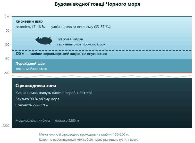 Схема шарів води Чорного моря: кисневий шар і межа сірководню на 150–200 м"